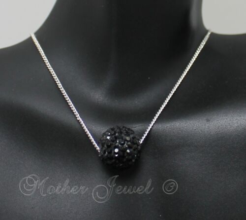 BEAUTIFUL BLACK 12MM CRYSTAL BALL STERLING SILVER FILLED GIRLS WOMANS NECKLACE 