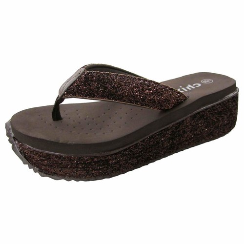Mesdames filles y sangle coussin Tongs Sandales compensées marron paillettes 3-8