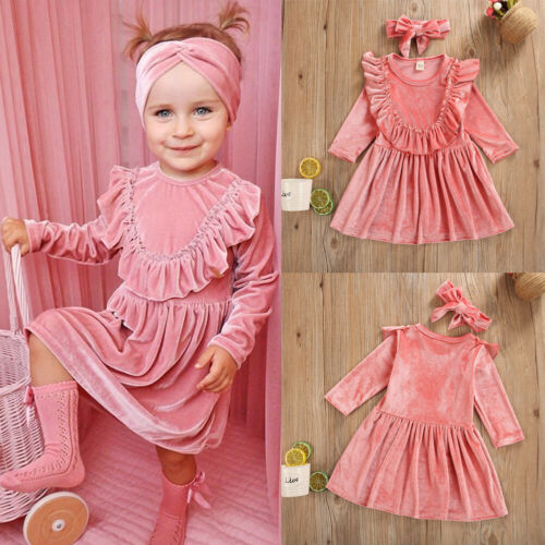 UK Toddler Baby Girl Velvet Dress Long Sleeve Ruffle Princess Party Tutu Dresses