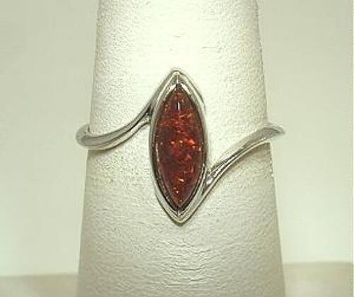 5.5MM STERLING SILVER GENUINE BALTIC SEA MARQUISE CABOCHON COGNAC AMBER GEM RING