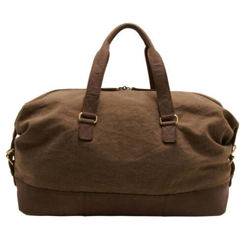 Khaki Canvas Travel Holdall with Leather Trim and Shoulder Strap Rowallan 