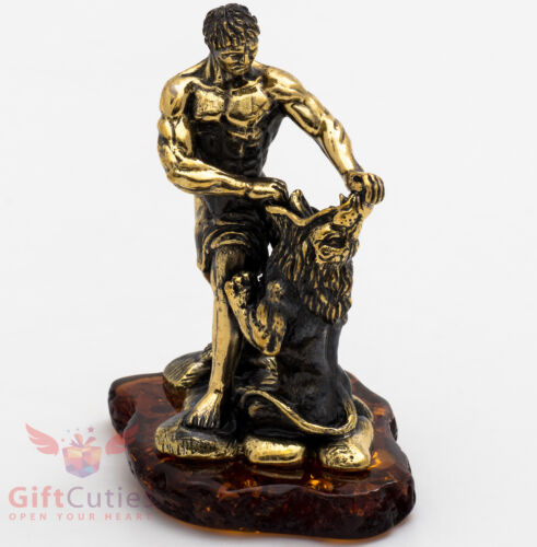 Solid Brass Amber Figurine of Samson and the Lion Hero of Hebrew Bible IronWork 