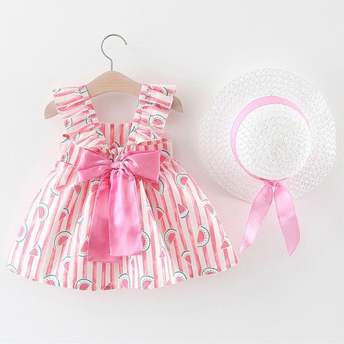 Lovely Toddler Baby Girls Floral Ruched Strap Princess Dress Casual Clothes Hat