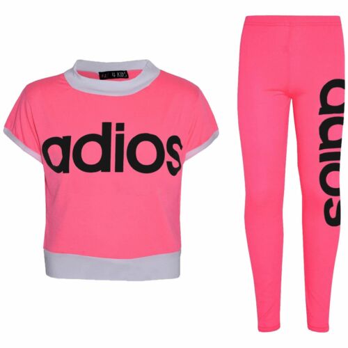 Kinder Mädchen Adios Bauchfreies Top Leggings Satz Neon Pink Halb Hemd Jogg Suit 