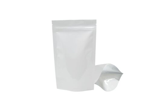 SHINY WHITE STAND UP POUCH PROTEIN BAG HEAT SEAL FOOD GRADE ZIPPER WHITE GLOSSY 