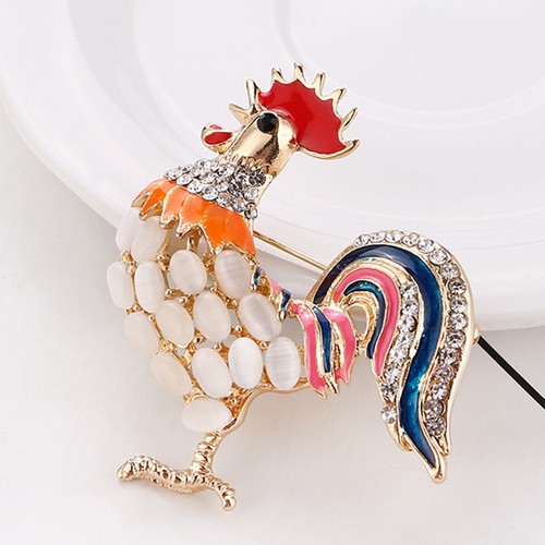 Vintage Chicken Rooster Farm Animal Opal Stone Crystal Rhinestone Brooch Pin