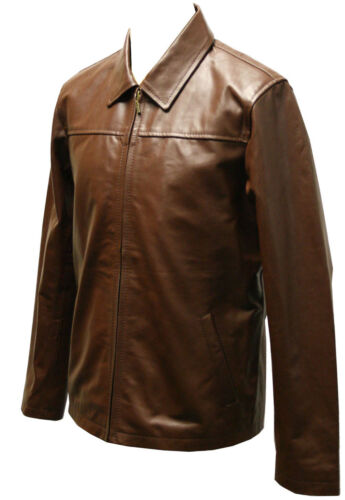 Men Genuine Real Leather Casual Retro Harrington Top Collar Zip Jacket Classic 