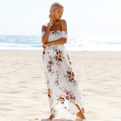 Boho Women/'s Holiday Off Shoulder Floral Maxi Ladies Summer Beach Party Dress 8