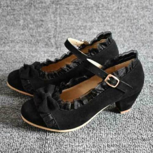 Details about   Women's Cone Heel Shoes British College Faux Suede Mary Janes Bow Buckle Shoes 