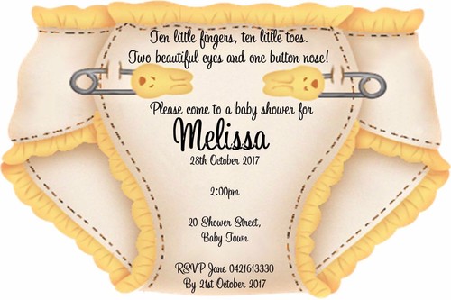 FULLY PERSONALISED assorted colours BABY SHOWER INVITATIONS NAPPY DIAPER