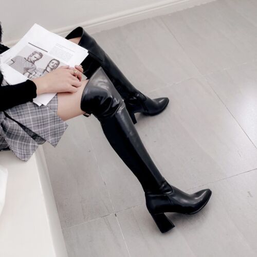 HOT Over Knee High Boots Pointy Toe Zip Block Heels Leather Fashion Women Shoes