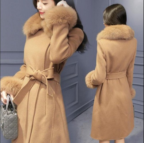 Women/'s Parka Fur Collar Wool Blend Long Coat Jacket Winter Belt Slim Outwear