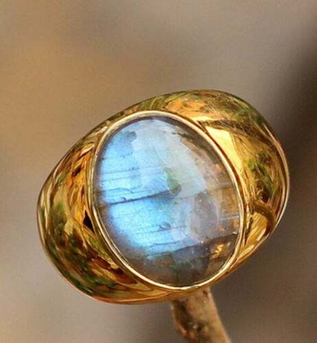 SOLID 925 STERLING SILVER GOLD PLATED LABRADORITE GEMSTONE MENS RING JEWELRY 