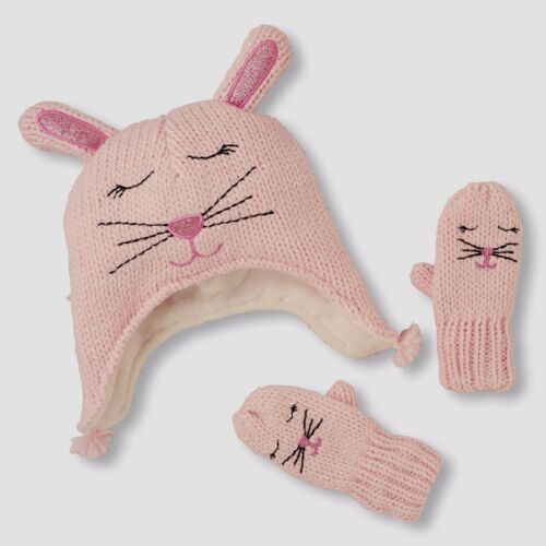 TCP 2PC BUNNY RABBIT FACE GIRLS KNIT LINED HAT MITTENS GLOVES SET S/12-24M 