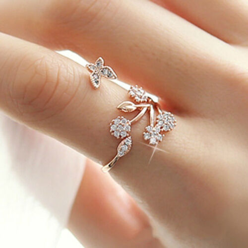 Leaf Wedding Rings for Women 925 Silver,Rose Gold White Sapphire Size Adjustable 