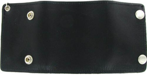 BLACK FINE LEATHER Mens Biker Trifold Metal Chain Wallet Trucker Motorcyclist