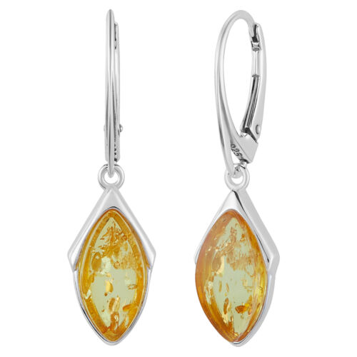 925 Solide Pure Sterling Silver Citrine Baltic Amber Marquise Leverback Boucles D/'oreilles