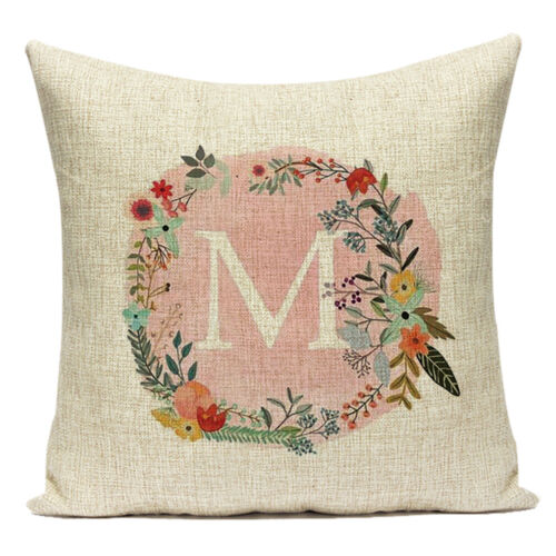 Letter Wreath Pink Printing Linen Cushion Cover Throw Pillow Cover Bed Home Deco