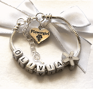 Personalised Girls white flower wedding bracelet gift box Fast Deliv