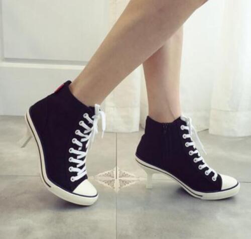 WomenLace Up High Top Canvas Ankle Boots Stiletto Heel Shoes Pointed Toe Sneaker 