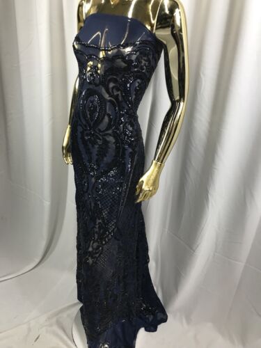 4 Way Stretch Sequins Dress Power Mesh Navy By The Yard Embroidered Fabric 