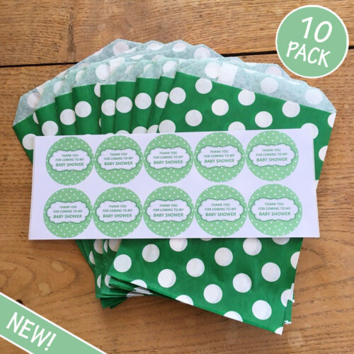 Party Game Prize Favour Baby Shower Sweet Bags & Stickers 10 Pack GREEN 