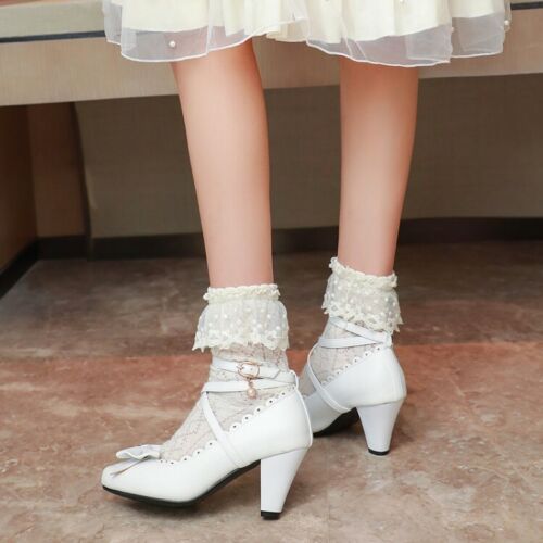Women/'s Block High Heels Mary Jane Pump Ankle Cross Strap Lolita Bows Shoes Size