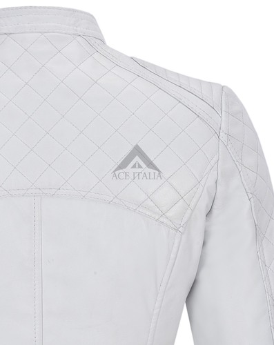 Femme en Cuir Véritable Veste Blanc style motard équipée Diamant Forme panneau avant