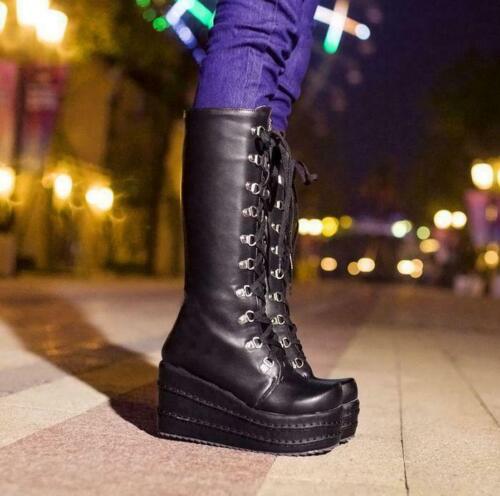 Womens cosplay high boots punk gothic lace Up zip high platform shoes wedge heel