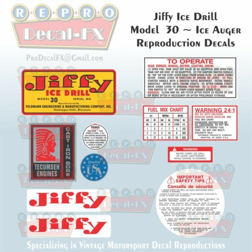 Jiffy Ice Drill Auger Model 30 Reproduction Decal Set 11 Piece Vinyl Stickers