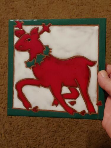 Details about   Red Reindeer Christmas Green border Art Tile Elaine Cain 6X6" 