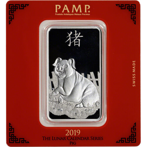 .999 Fine in Assay 100 gram Silver Bar Lunar Year of the Pig PAMP Suisse