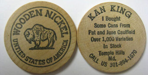 WOODEN NICKEL United States of America BUFFALO KAN KAVE sold Beer Cans MARYLAND