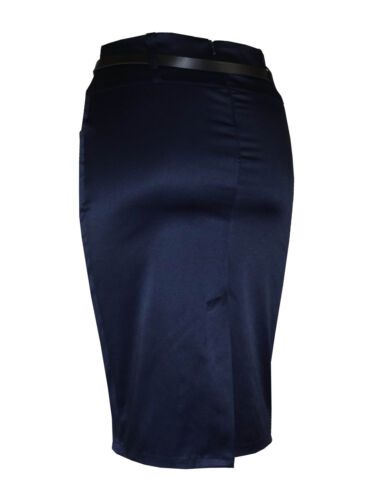 women satin skirt stretch midi pencil in black blue with pockets belt 8-18 STN-P
