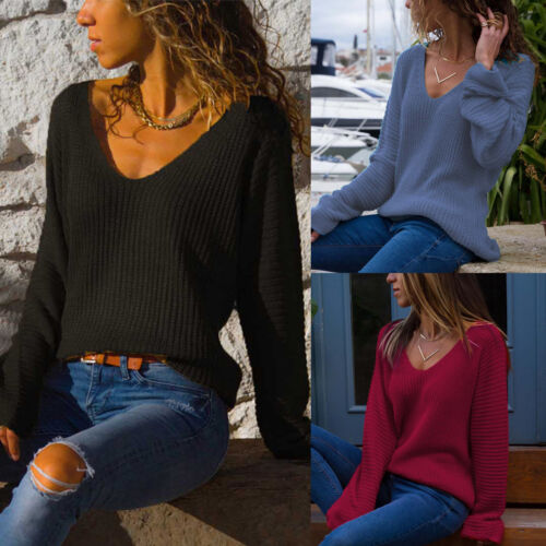 Women Long Sleeve V Neck One Off Shoulder Loose Knitted Jumper Blouse Sweater UK 