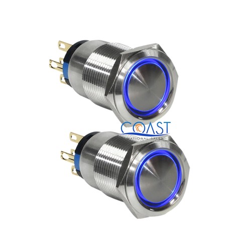 2X Durable 12V 19mm Car Momentary Push Button Blue Angel Eyes LED Domed Switch