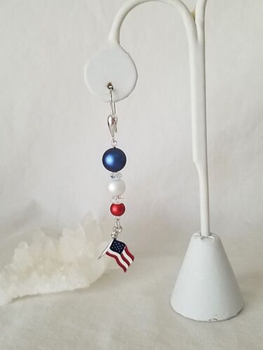 Patriotic Red White And Blue Pearls With Flag Charm Sterling Earrings 