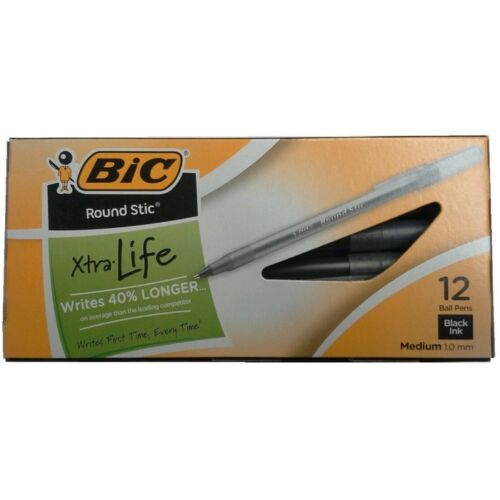 72 pens BIC Round Stic Ballpoint Stick Pen Black Ink Medium 6 Boxes of 12 
