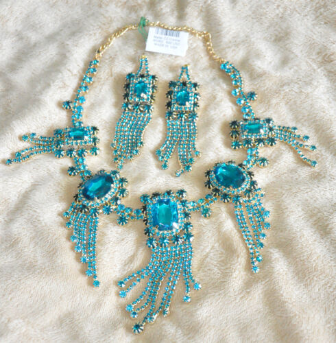 BEVERLY HILLS CZ CRYSTAL NECKLACE AND EARRINGS SET BLUE MADE IN USA MSRP $600.0