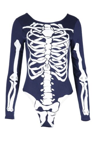 Womens Leotard Bodysuit Ladies Halloween Fancy Costume Skeleton Bone Stretch Top