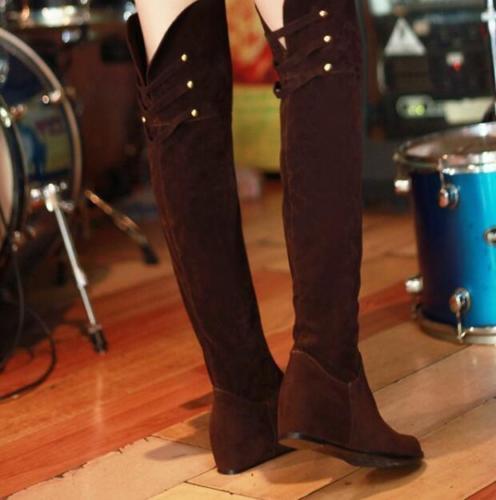 Women Leisure Fashion Flat Over The Knee Thigh High Boots Velvet Wedge Heel Chic 