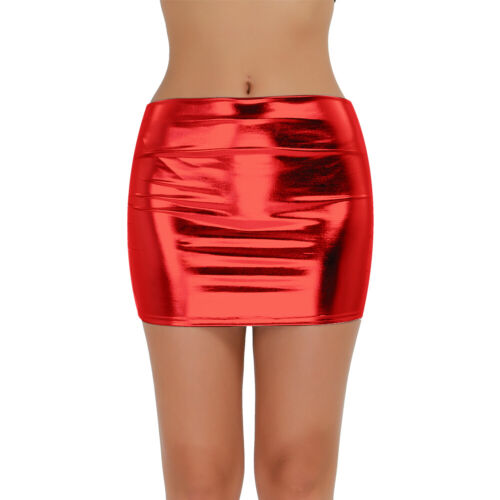 US# Women Wet Look Leather High Waist Mini Skirt Side Slit Pencil Bodycon Dress