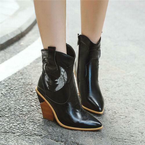 Women Pointed Toe Side Zip Up Comfort Strange High Heel Cowboy Ankle Boots Shoes