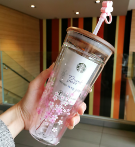 Starbucks Tumbler Pink Sakura Double Glass Straw Cup 591ml Mugs W/Sakura Topper 