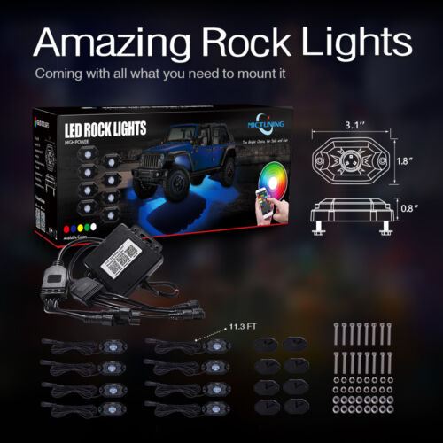 MICTUNING 8x Pods RGB LED Rock Light Offroad Wireless Bluetooth Music Controller 
