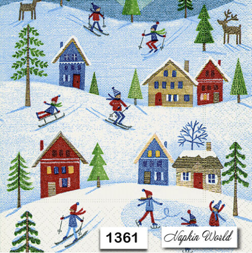 WINTER SKI SLED SNOW TWO Individual Paper Luncheon Decoupage Napkin 1361