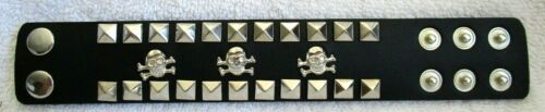 Details about   Black+Silver Checkered Studded with Skulls&Crossbones Black Leather 9" Bracelet 