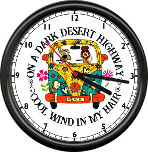 Hippie Bus Happy Camper Girl Dog RV Travel Freedom Peace Sign Sign Wall Clock