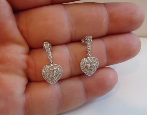 925 STERLING SILVER MICRO PAVE HEART INLAY DANGLING EARRINGS W//1 CT LAB DIAMONDS