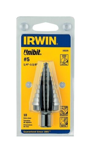 Irwin 10235 Unibit5 1//4-Inch to 1-3//8-Inch 1//2-Inch Shank Step Drill Bit